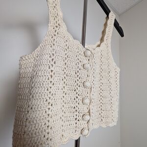White Button-Up Boho Hippie Cotton Crochet Vest Size S/M